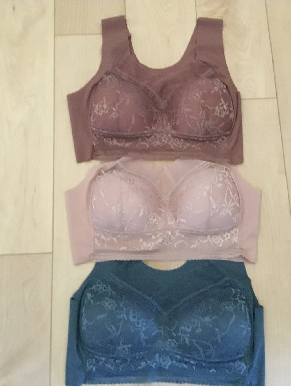 3 PCs Lace-Detail Wireless Comfort Bralette - Brown, Beige & Blue